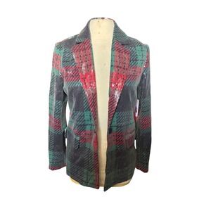 JOHNNY WUJEK Sequin Plaid Blazer Jacket Womens‎ XS Red Green Sparkle Party